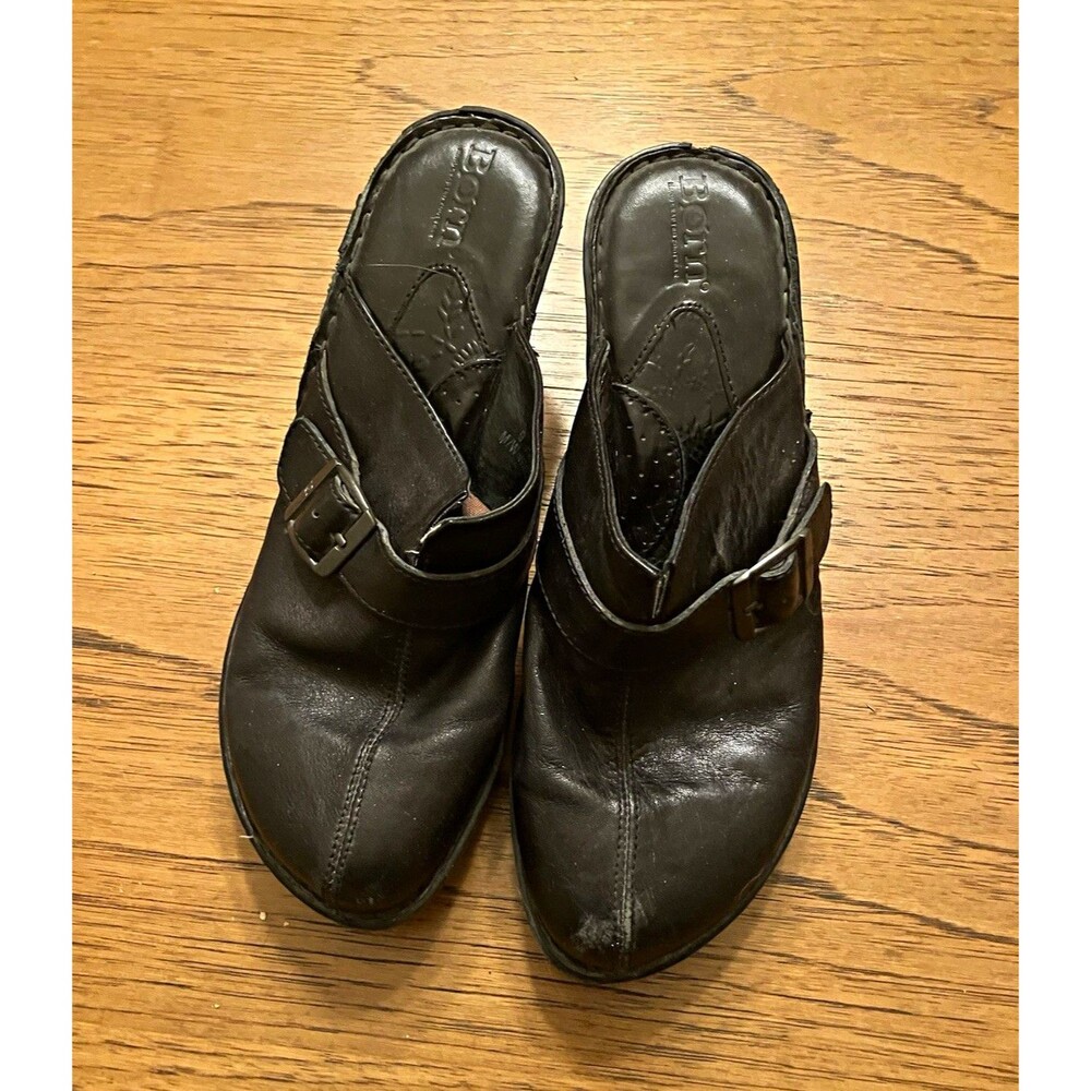 Børn Maya Women's Black Leather Slip-On Mule Comfort Block Heel Size 9 M